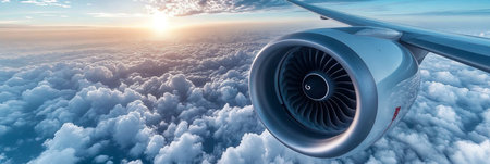 Commercial Airplane Engine Soaring High Above a Beautiful Sunset with Fluffy White Cloudsの素材