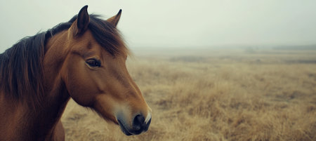 Elegant Portrait of a Chestnut Horse, Misty Pasture Background, Serene Equestrian Imageの素材