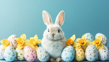 Cute white Easter bunny surrounded by colorful pastel eggs and yellow daffodils on blue background.の素材
