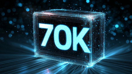 Glowing 3D Digital Number 70K in Futuristic Style on an Abstract Technology Backgroundの素材