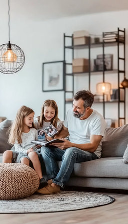 Happy Family Time Father, Daughters, Cozy Couch, Shared Memories, Story Time, Bonding Experienceの素材