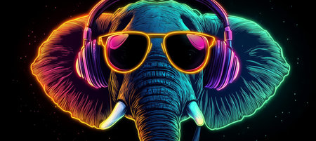 Neon Party Elephant. Cool Elephant DJ with Headphones and Sunglasses on Abstract Background.の素材