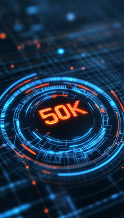 50K Futuristic Technology Abstract Background, Glowing Digital Number in High-Tech Styleの素材