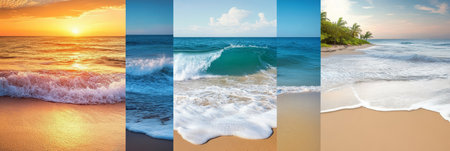 Summer Beach Sea Collage, Five Vertical Travel Nature Background Panorama Banners with Copy Spaceの素材