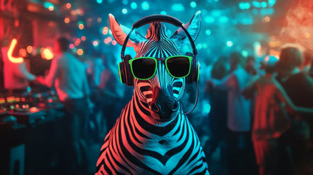Zebra DJ at Neon Nightclub Party Headphones, Sunglasses, and a Night of Music and Funの素材