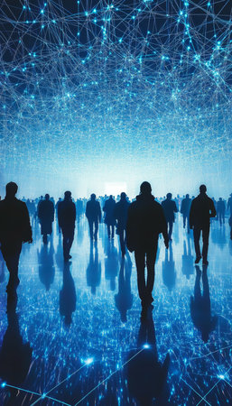 People Walking Towards Light Through Digital Network, Concept of Technology, Innovationの素材