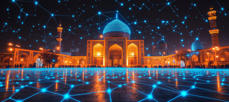 Sheikh Lotfollah Mosque Dotted Outline with a Futuristic Blue Network Style at Night, Isfahan, Iran.の素材