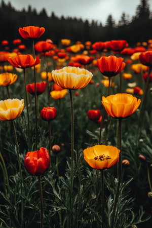 Vibrant Poppy Flower Field, Floral Background With Scattered Blooms And Green Leaves, Space For Textの素材