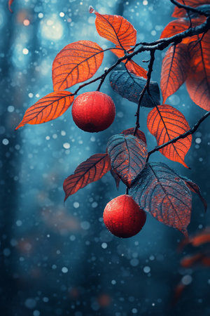 Two Red Berries Hanging from Branch with Autumn Leaves, Peaceful Nature Scene with Bokeh.の素材