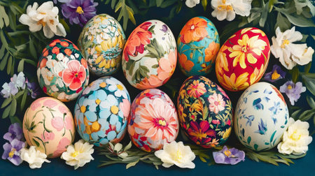 Floral Painted Easter Eggs on Blue Background, Colorful Spring Arrangement Holiday. Festiveの素材