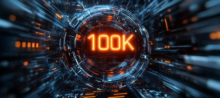 Glowing Digital 3D Number 100K on Futuristic. Abstract Background with Orange and Blueの素材