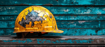Damaged Yellow Construction Hard Hat, Workplace Accident Concept, Old Wood Backgroundの素材