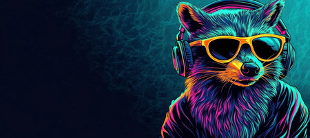 Cool Neon Party Raccoon DJ in Colorful Headphones and Stylish Sunglasses, Music Illustration.の素材