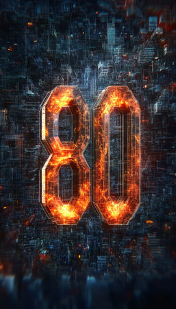 Glowing Orange Digital Number 80 in a Futuristic Cityscape Setting with a Technological Themeの素材