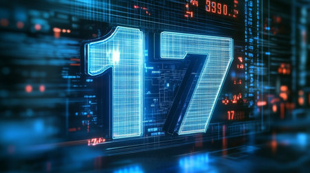 Glowing Blue Digital Number 17 In Futuristic Technology Style On Digital Abstract Backgroundの素材