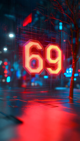 Glowing Red Number 69 Display, Abstract Futuristic Style, Digital Art, Urban Night Sceneの素材