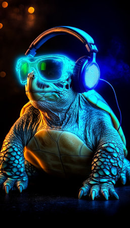 Cool Neon Party Turtle DJ Wearing Headphones and Sunglasses, Enjoying Music on Dark Backgroundの素材