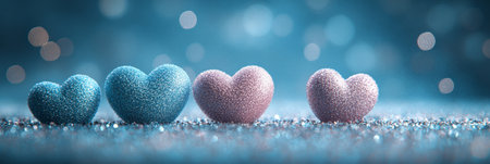 Five Sparkling Glitter Hearts on Shimmering Blue Background, A Romantic Valentine s Day Conceptの素材