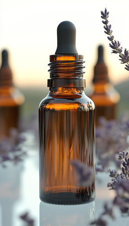 Amber Glass Dropper Bottle with Essential Oil, Dried Herbs, and Soft Blurred Backgroundの素材