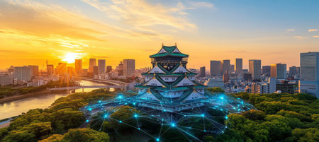 Osaka Castle at Sunset with Digital Network Overlay, Symbolizing Technological Advancement in Japanの素材