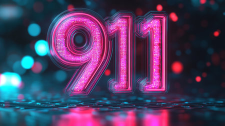 Glowing 3D Number 911 on Futuristic Digital Background Emergency, Technology Conceptの素材
