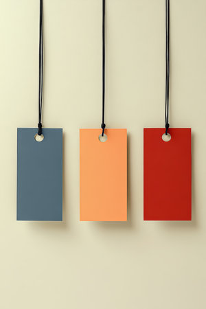 Three Colorful Blank Retail Sale Tags, Orange, Red, and Blue, Hanging Against a Light Backgroundの素材