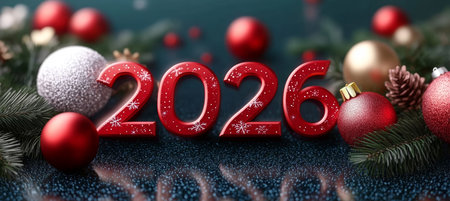 Sparkling Christmas Background With Red 2026 Numbers, Festive Ornaments, And Lush Fir Branchesの素材