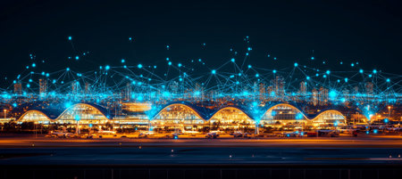 A Modern Aiport Illuminated By Night Time Sky Architecture Futuristic. Terminal Structureの素材