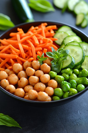 Colorful Vegan Buddha Bowl With Chickpeas, Carrots And Green Peas, Healthy Eating Conceptの素材