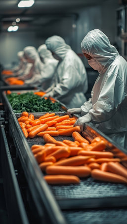 Food Processing Workers on Conveyor Belt, Industrial Food Production, Hygiene, Safety Standards.の素材