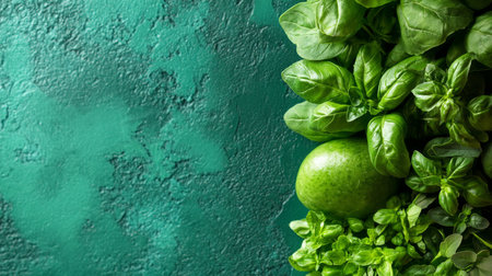 Fresh Green Herbs and Avocado Background, Culinary Ingredients, Healthy Eating Conceptの素材
