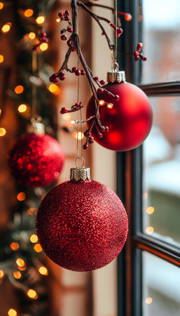 Red Christmas Ornaments on a Branch, Creating a Festive Holiday Atmosphere with Seasonal Cheer.の素材
