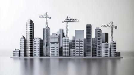 Industrial Cityscape A Bokeh View of Gray Skylines, Imposing Structures and Tower Cranesの素材