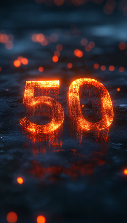 Glowing Number 50 on a Futuristic Abstract Background with Digital Fire. 3D Rendering.の素材