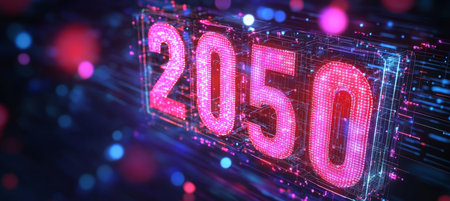 Glowing Futuristic Number 2050 in Vibrant Abstract Background Technology and Innovation Aheadの素材