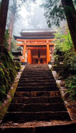 Ancient Stone Stairway Ascends Through a Misty Forest to a Traditional Japanese Shinto Shrineの素材