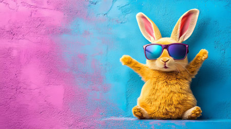Cool Yellow Easter Bunny Wearing Sunglasses on a Vibrant Blue and Pink Textured Backgroundの素材