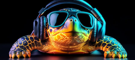 Cool Neon Party Turtle DJ Turtle Wearing Headphones and Sunglasses, Isolated on Black Backgroundの素材