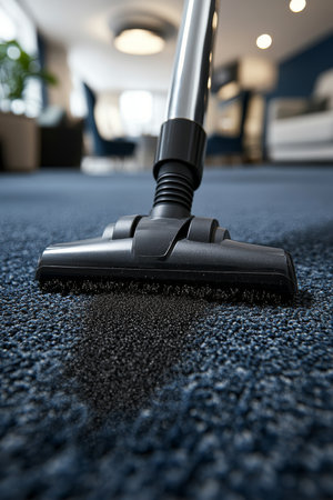 Deep Cleaning Vacuum Cleaner Nozzle on Carpet Removing Dust, Blurred Living Room Background.の素材