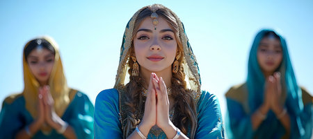Three Women in Elaborate Traditional Costumes, Striking a Graceful Pose Against a Blue Skyの素材