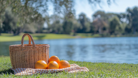 Serene Lakeside Picnic Scene Wicker Basket, Fresh Oranges, Plaid Blanket, Tranquil Water Views.の素材