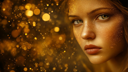 Golden Glow Portrait of a Woman with Shimmering Particles, Concept of Beauty and Radianceの素材