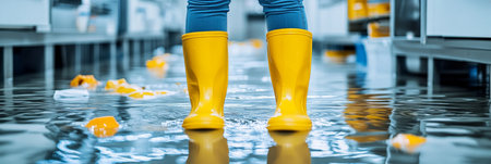 Woman in Yellow Rubber Boots Navigates Flooded Kitchen, Water Damage Home Disaster, Close Upの素材