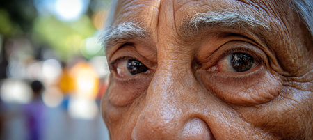 Reflective Gaze Wisdom in the Eyes of an Elderly Man as Youthful Energy Fills the Backgroundの素材