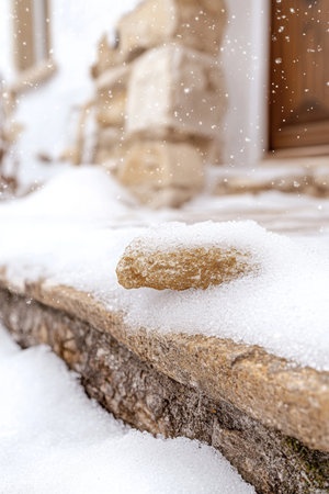 Snow Covered Entryway with Rustic Wooden Front Doorway, Winter Wonderland Scene with Falling Snowの素材