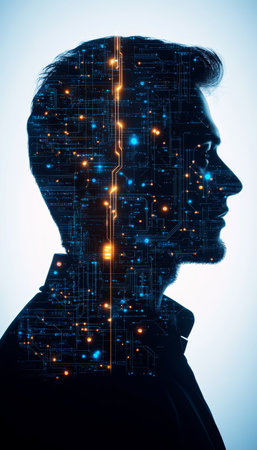 Digital Human Profile Glowing Circuits and Nodes Form the Shape of a Man s Profile.の素材