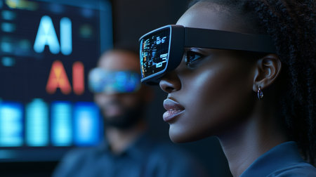 Woman Immersed in Virtual Reality, Exploring the World of AI, Close-Up Studio Portraitの素材