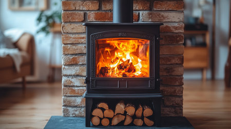 Cozy Fireplace Burning Logs in a Traditional Stove, Creating Homely Atmosphere in a Brick Surroundの素材