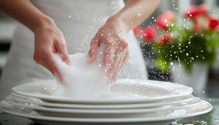 Woman s Hands Create Sparkling Suds While Washing Dishes, Refreshing Splash in the Kitchenの素材