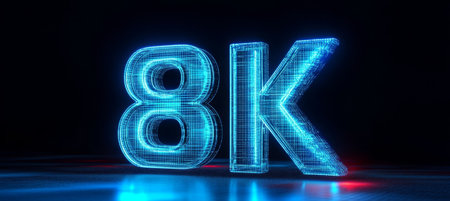 3D Rendering of a Futuristic 8K Resolution Symbol on a Dark Background with Cyan Lightsの素材